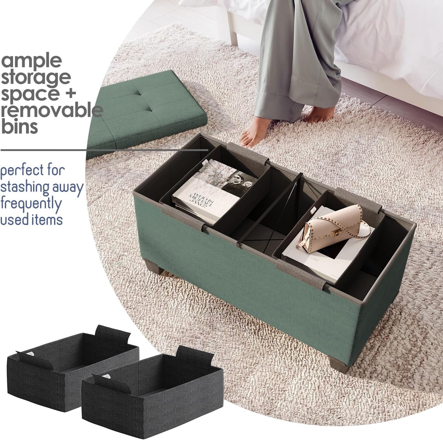 Green Fabric Folding Storage Ottoman Bench