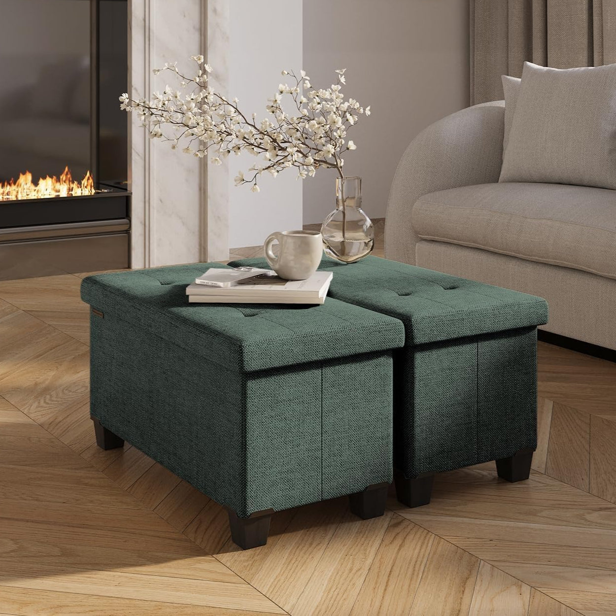 Green Fabric Folding Storage Ottoman Bench