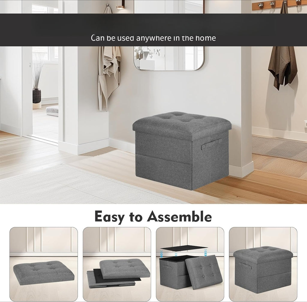 Dark Gray Linen Folding Storage Ottoman Bench
