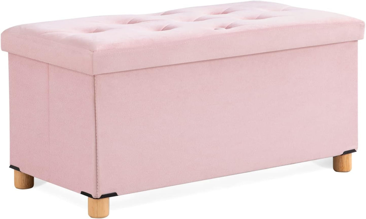 Pink Folding Storage Ottoman Bench with Wooden Feet