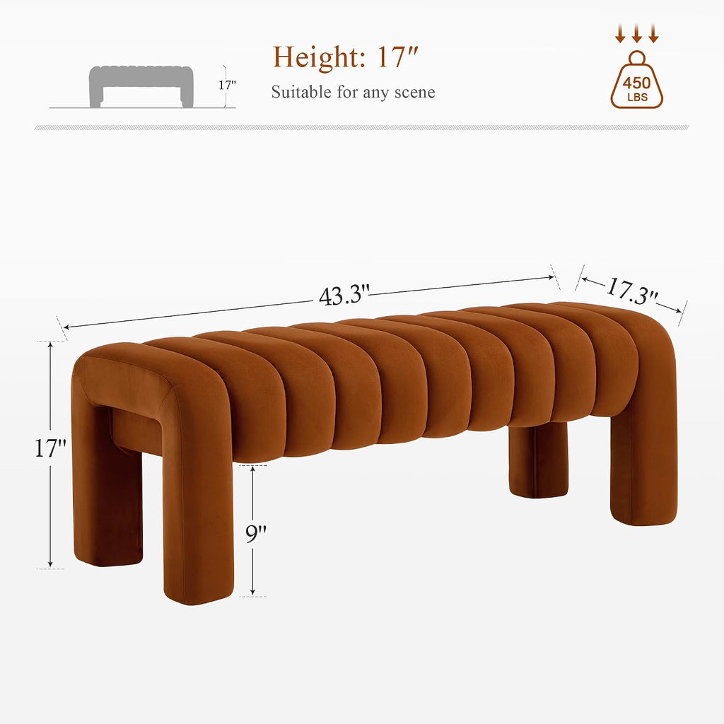 Brown Velvet Upholstered Bench with Solid Wood Legs