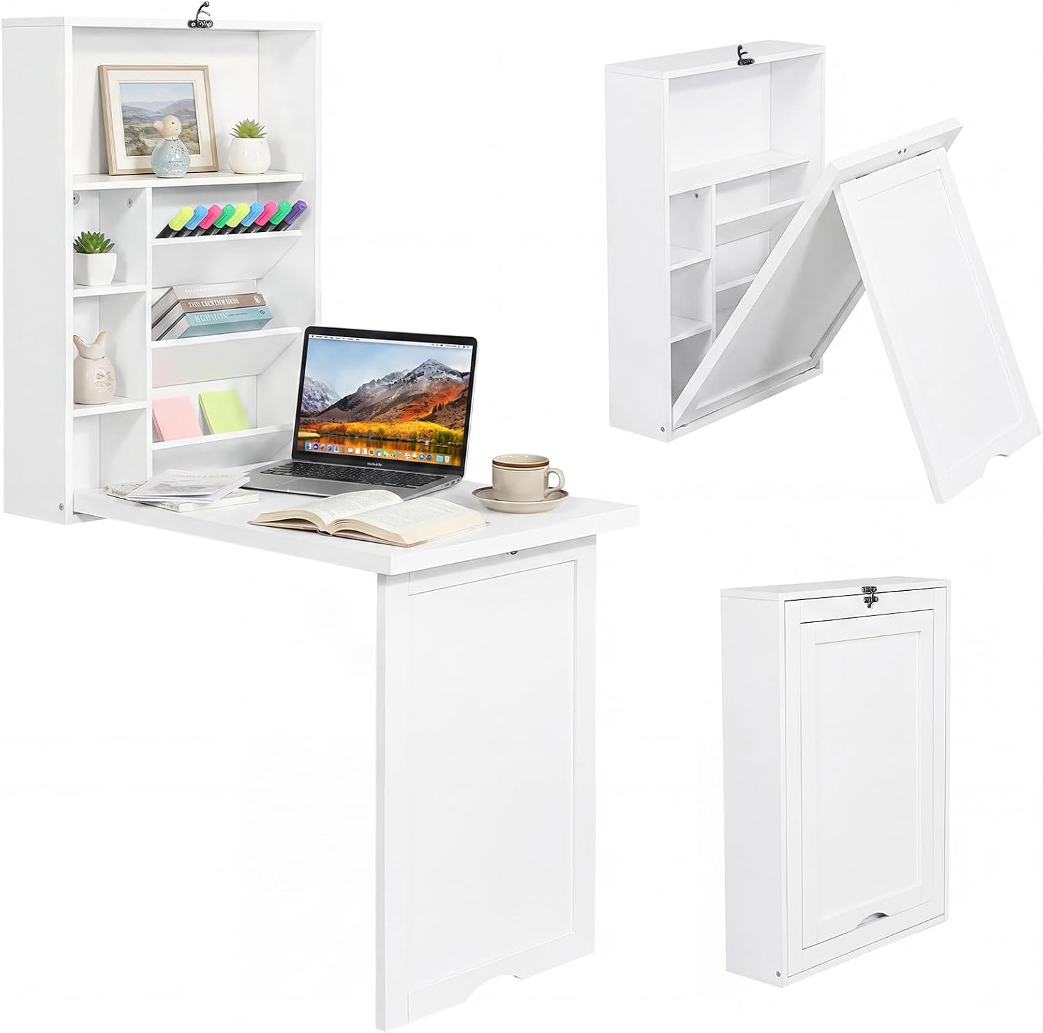 White Murphy Wall‑Mounted Folding Desk with Storage