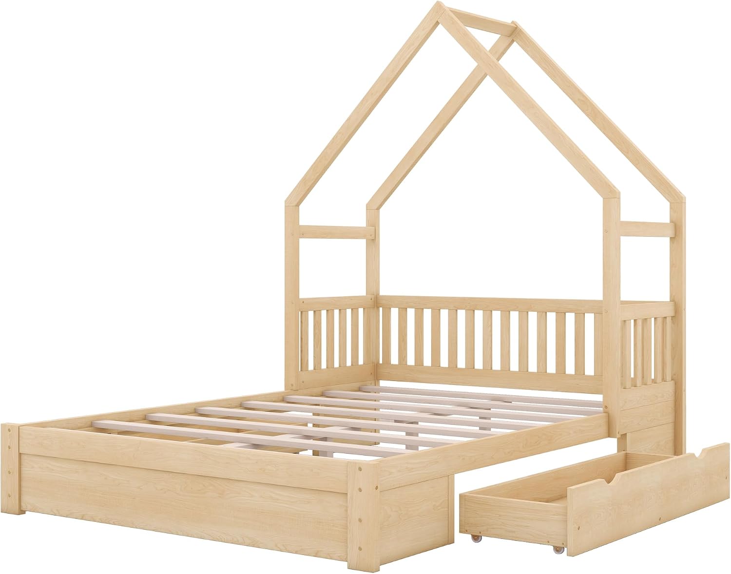 Natural Queen Wood House Bed Frame with Drawers