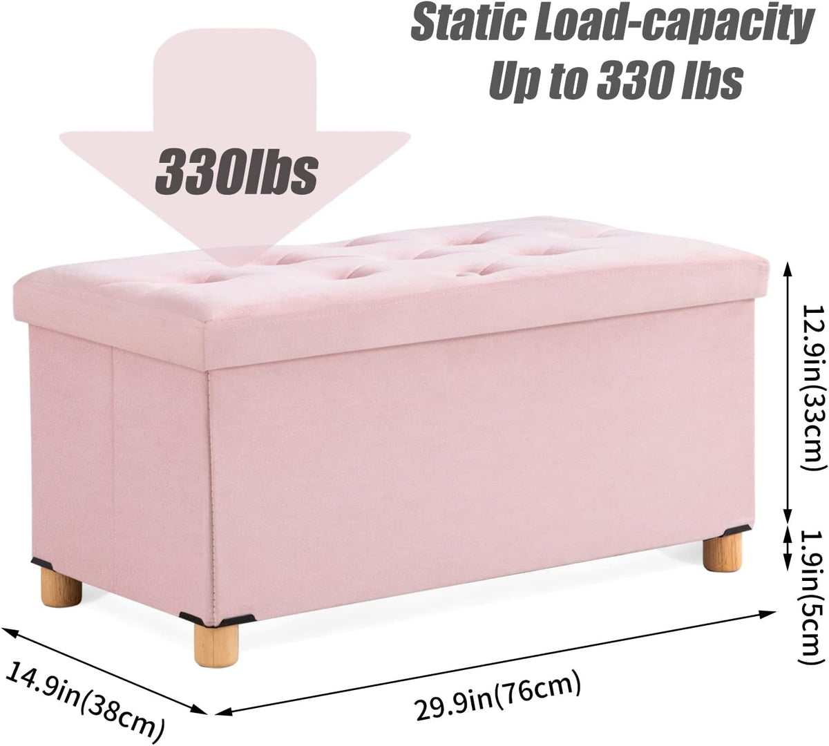 Pink Folding Storage Ottoman Bench with Wooden Feet