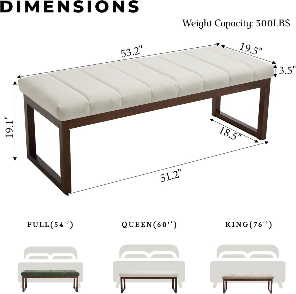 Cream Linen Channel Tufted Ottoman Bench with Walnut Legs