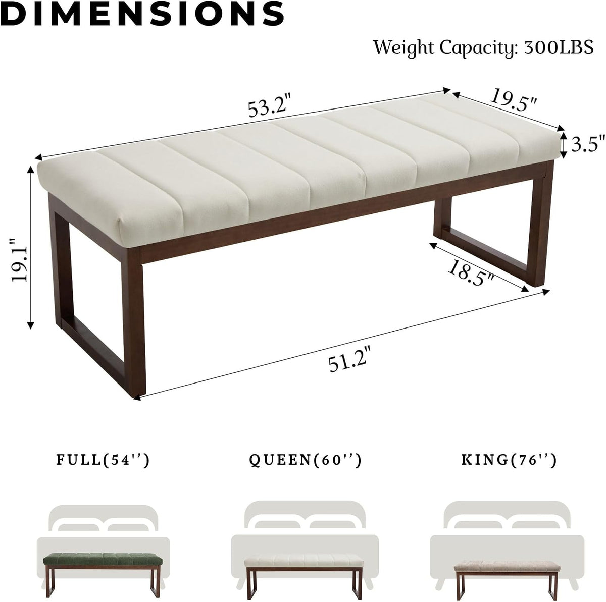 Cream Linen Channel Tufted Ottoman Bench with Walnut Legs