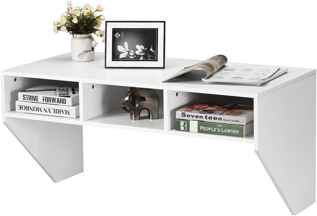 White Floating Computer Desk with Storage Shelves