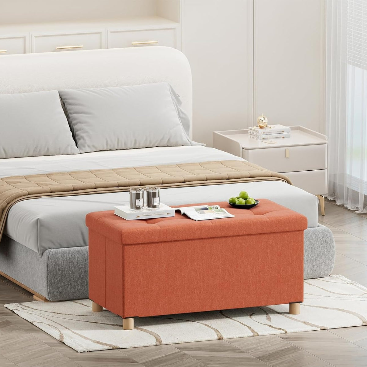 Orange Storage Ottoman Bench with Legs