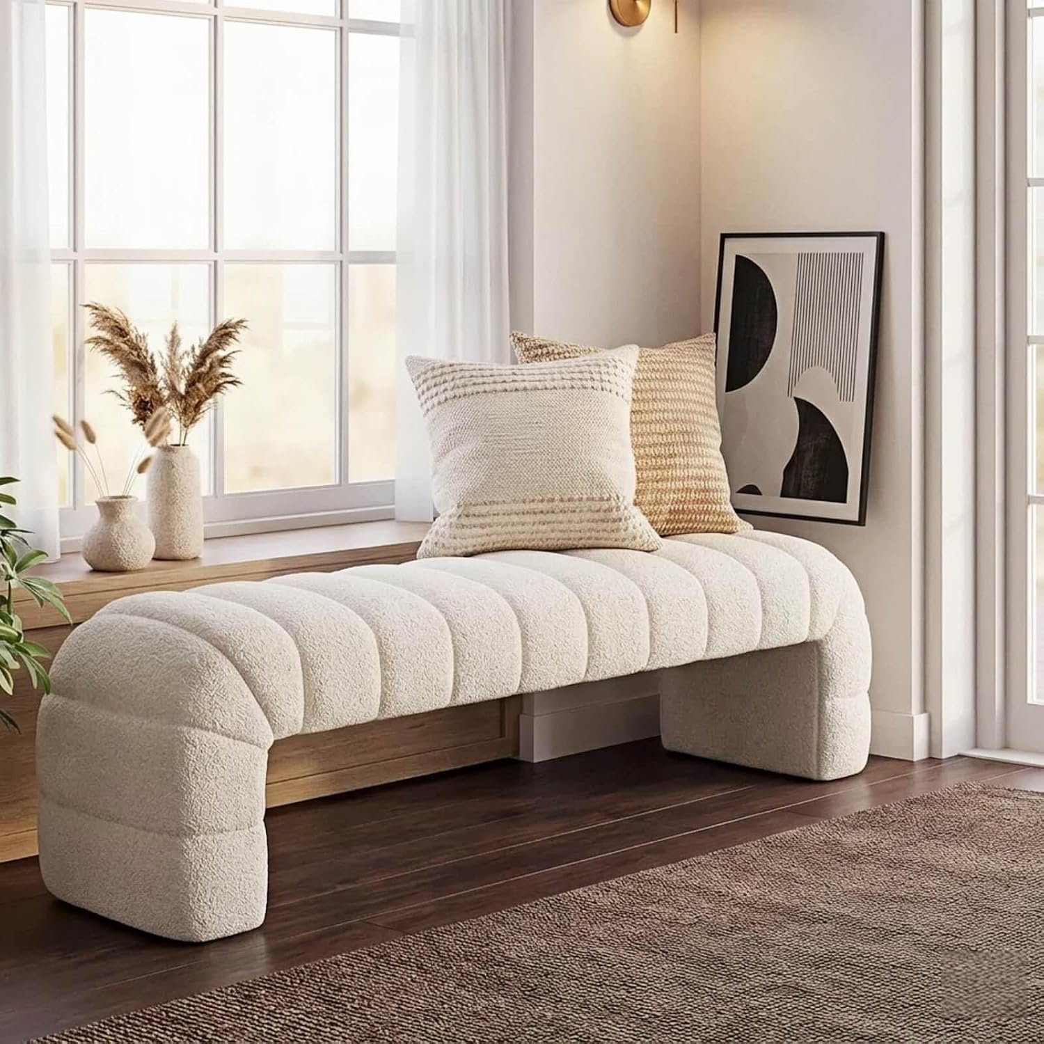 Ivory Chenille Arched Channel Tufted Bench