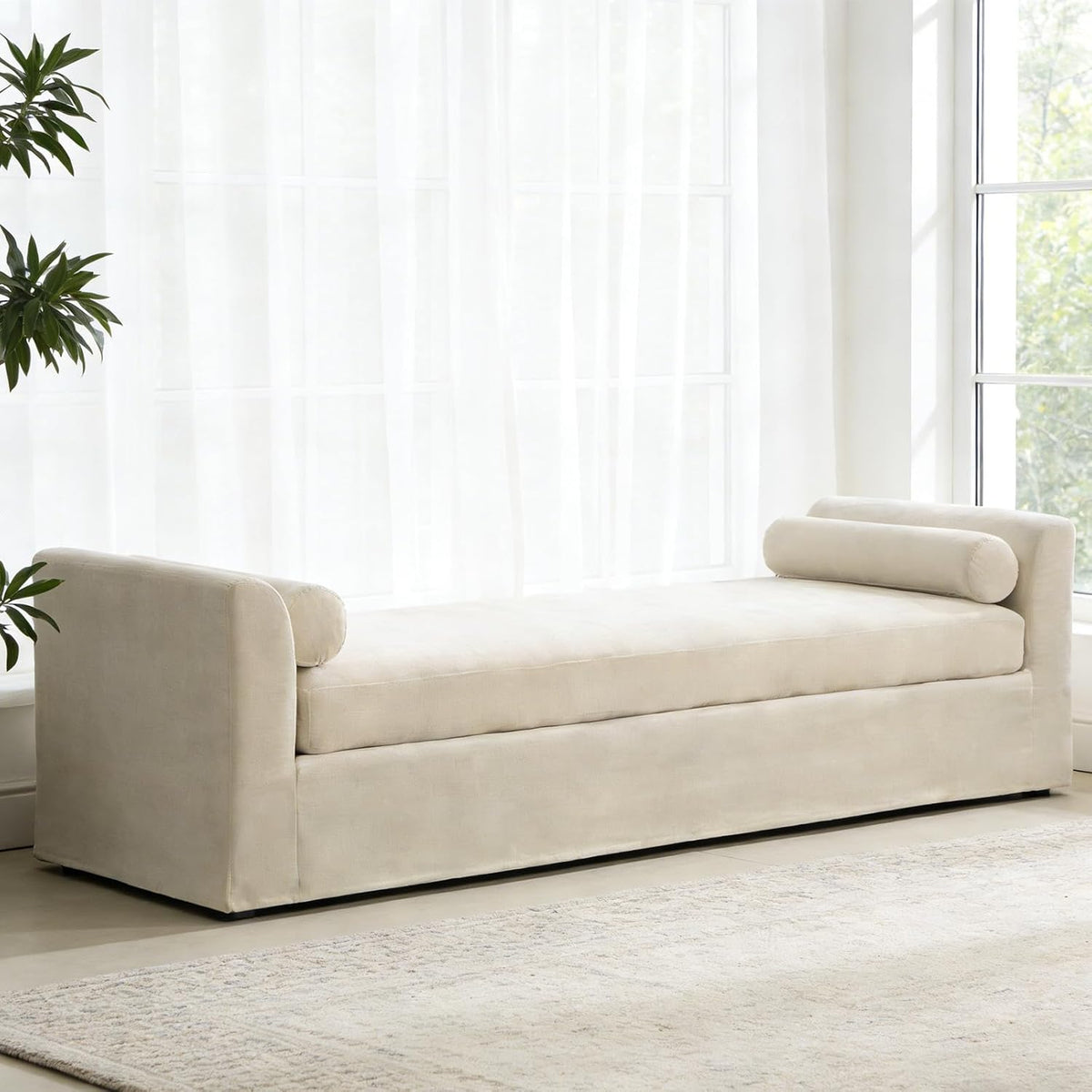 Beige Oversized Upholstered Chaise Lounge Bench