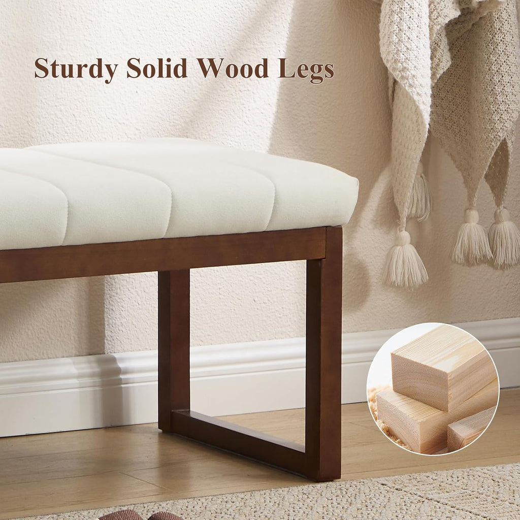 Cream Linen Channel Tufted Ottoman Bench with Walnut Legs