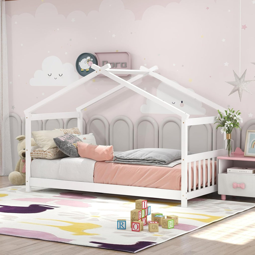White Kids Twin Wood House Bed Frame