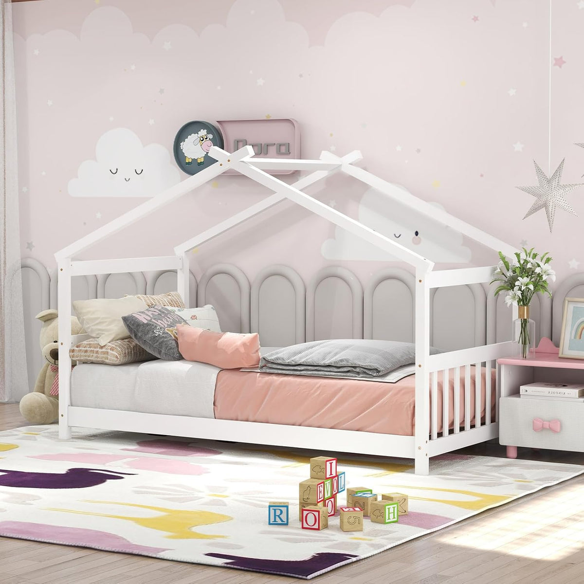 White Kids Twin Wood House Bed Frame