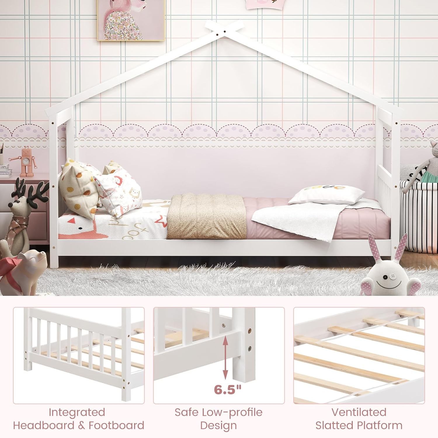 White Kids Twin Wood House Bed Frame