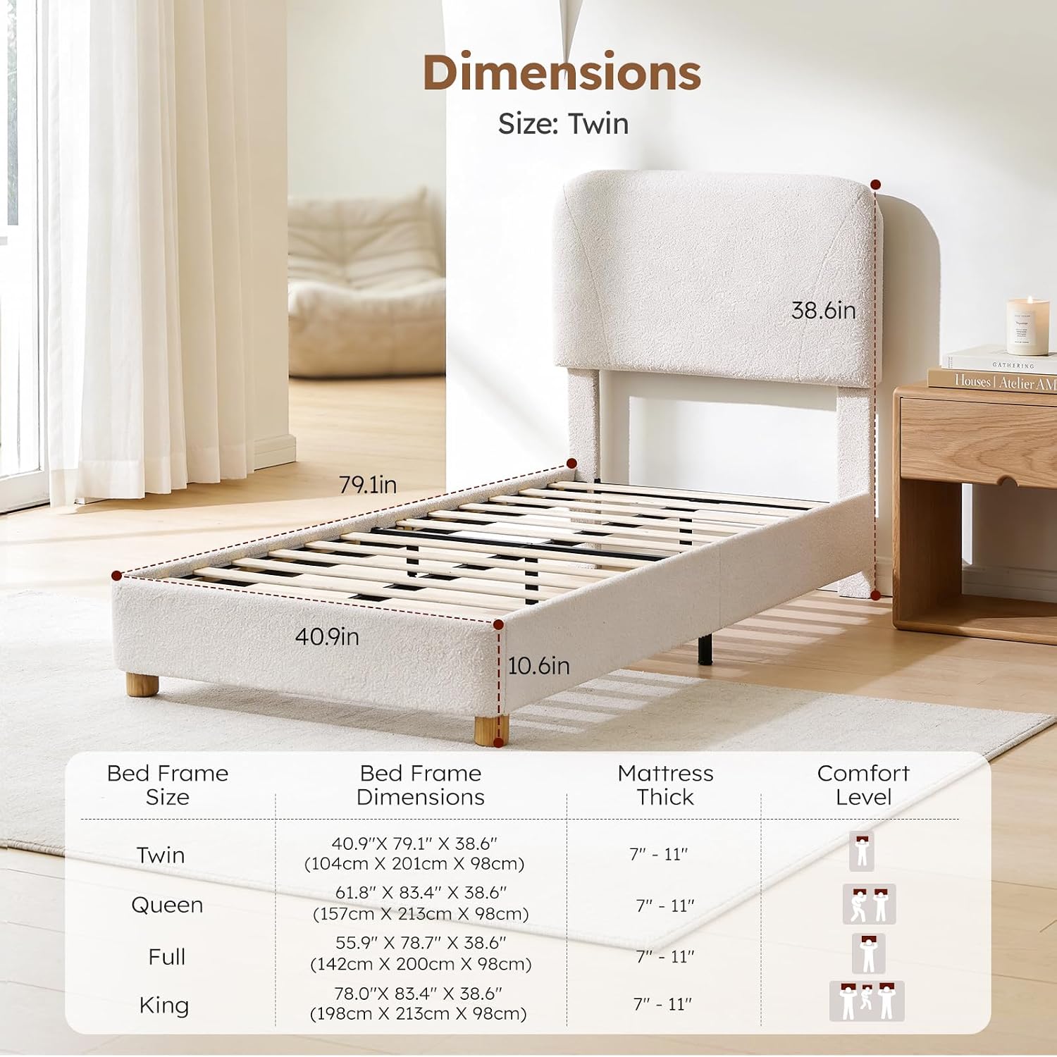 Cream Boucle Kids Twin Cloud Platform Bed Frame
