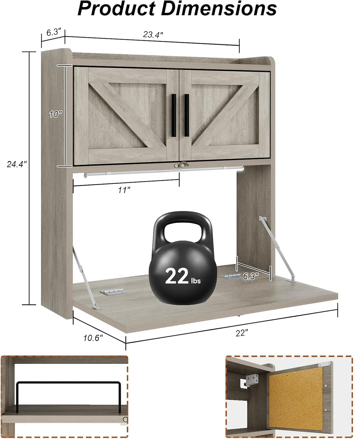 Gray Wall‑Mounted Folding Desk with Light & Storage