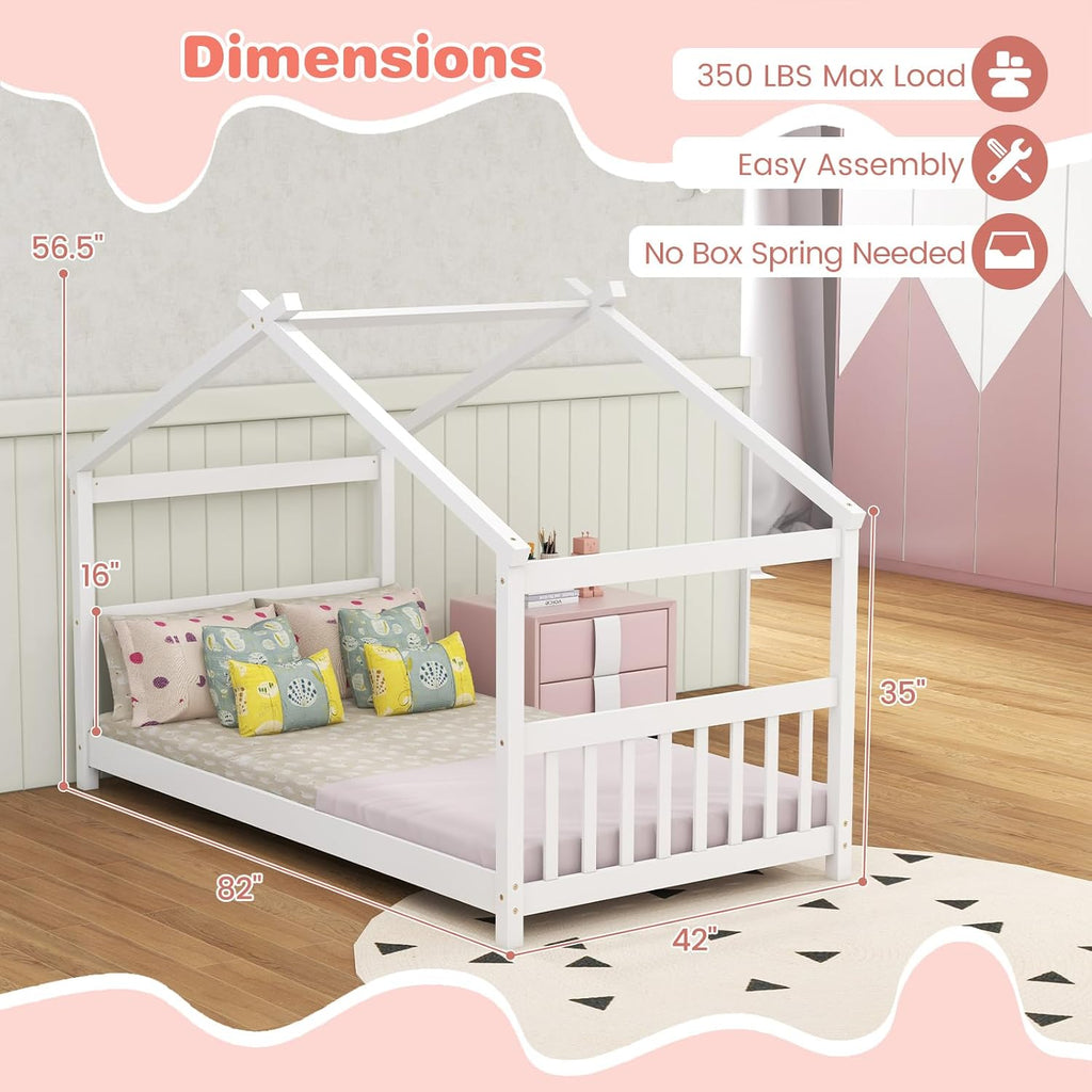 White Kids Twin Wood House Bed Frame