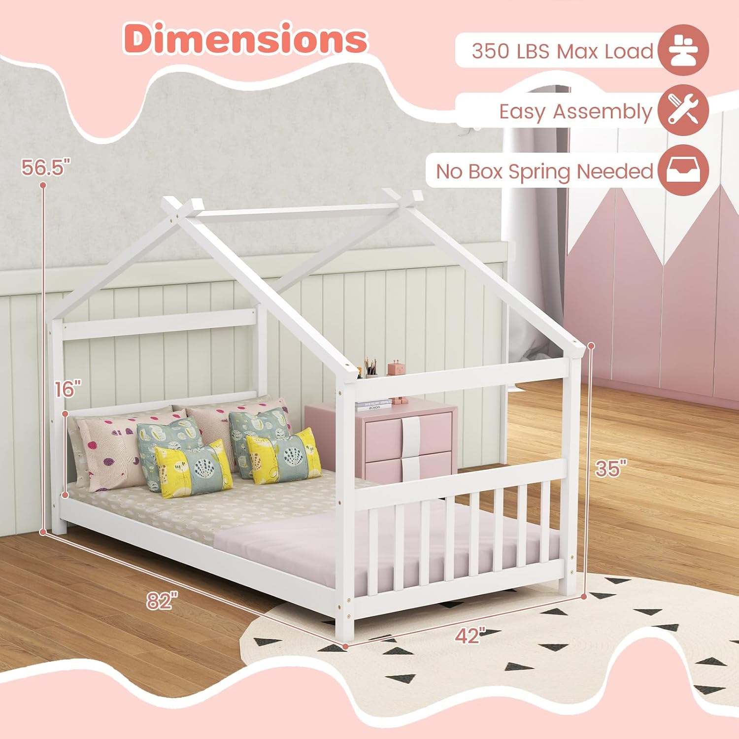 White Kids Twin Wood House Bed Frame