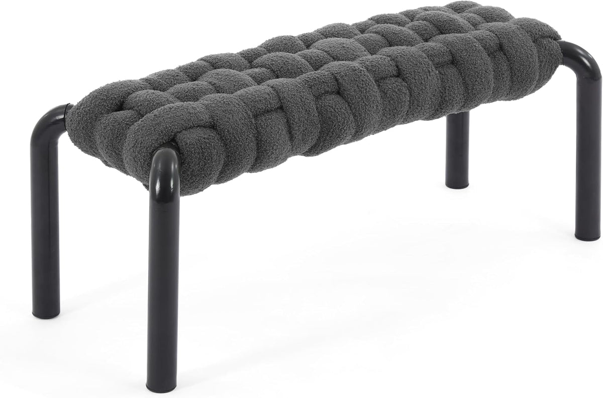 Grey Teddy Fabric Bench with Black Metal Legs