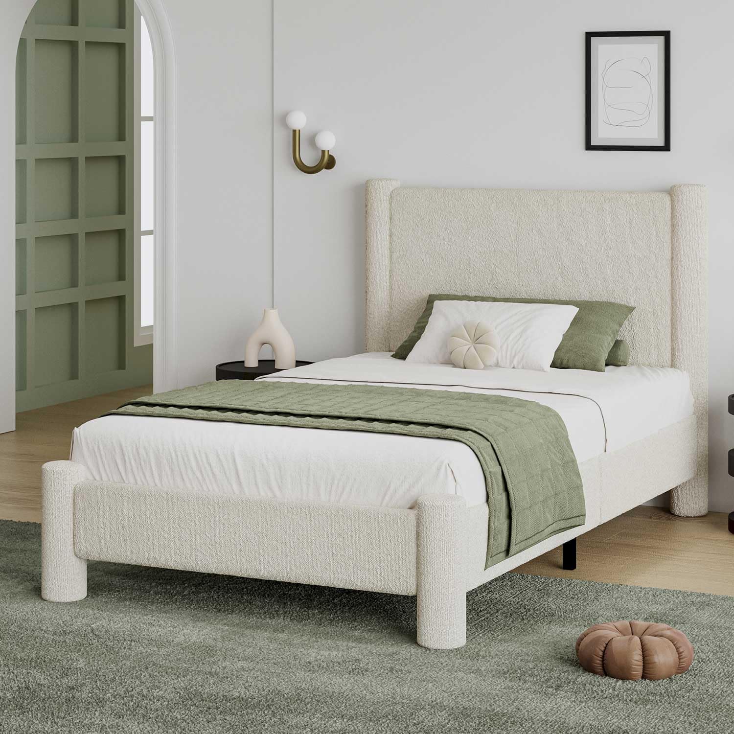 Cream Boucle Twin Upholstered Platform Bed Frame