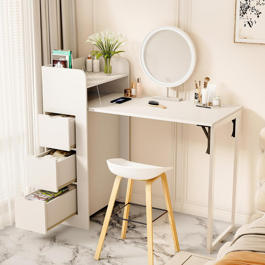 White Wall‑Mounted Foldable Desk with Storage & Outlet