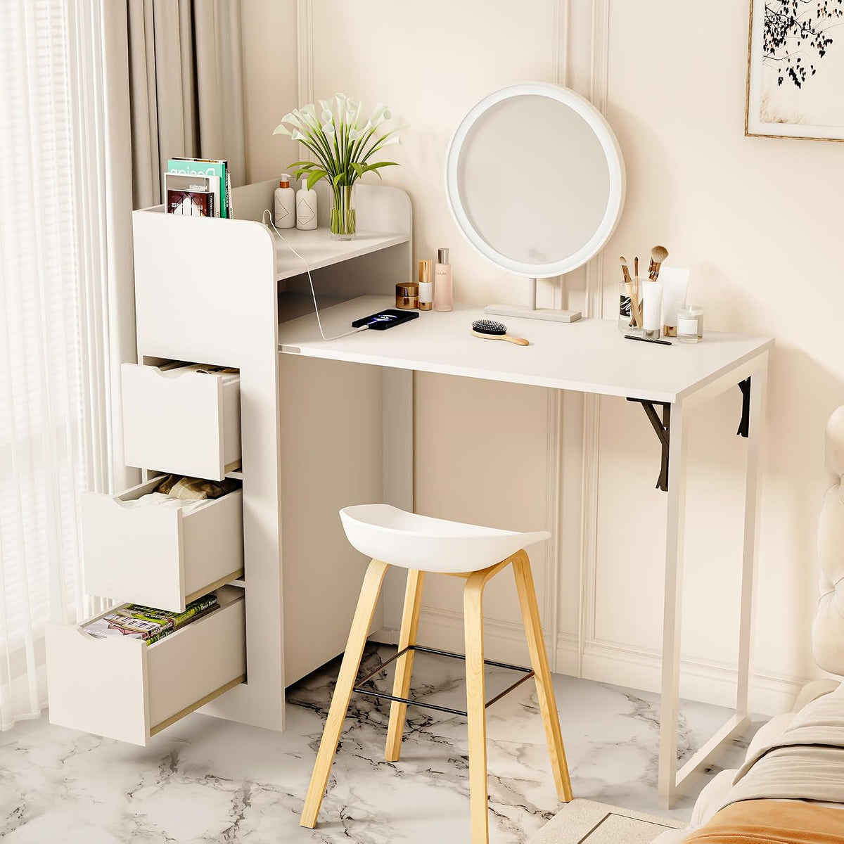 White Wall‑Mounted Foldable Desk with Storage & Outlet