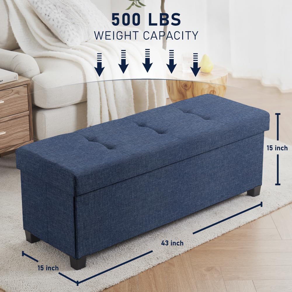 Navy Blue Large Storage Ottoman Bench with Legs