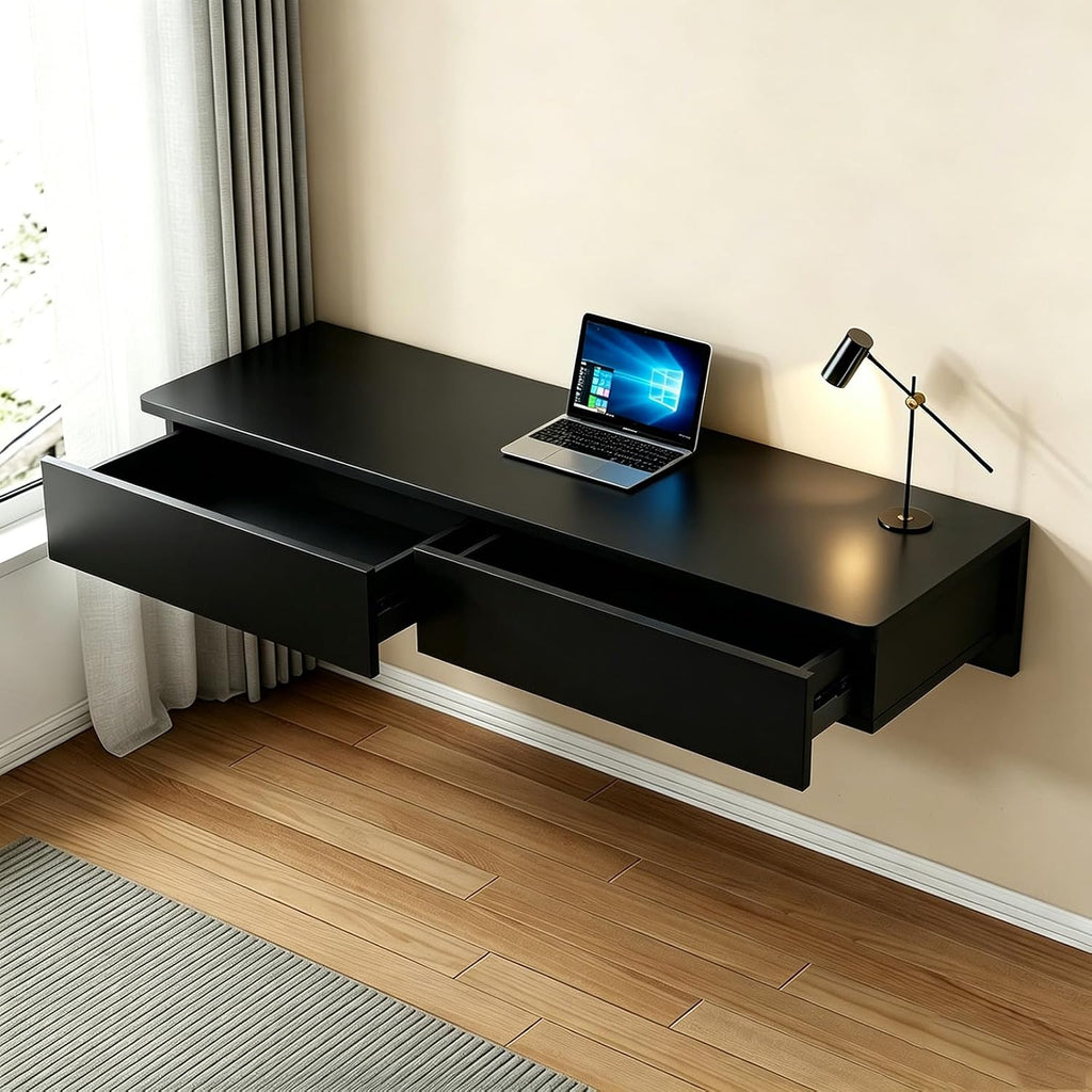 Wood Floating Wall‑Mounted Vanity Desk with Drawers