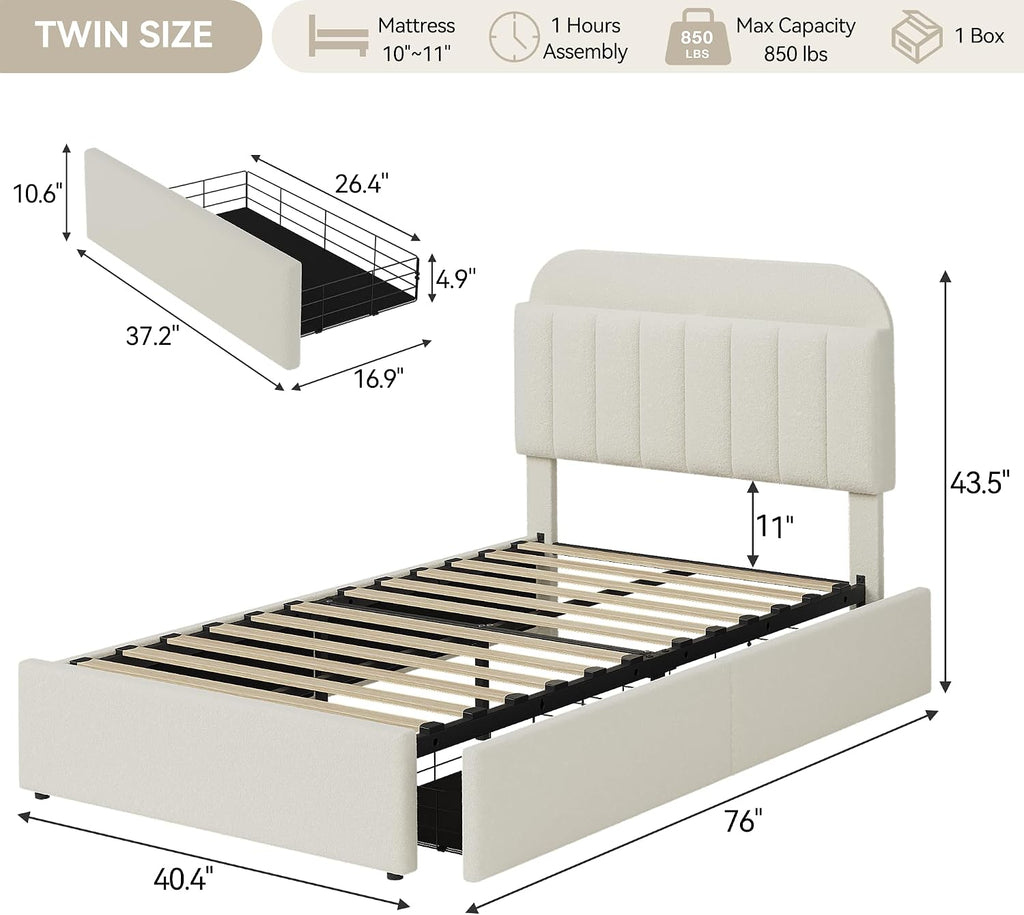 Ivory White Boucle Kids Twin Platform Bed Frame