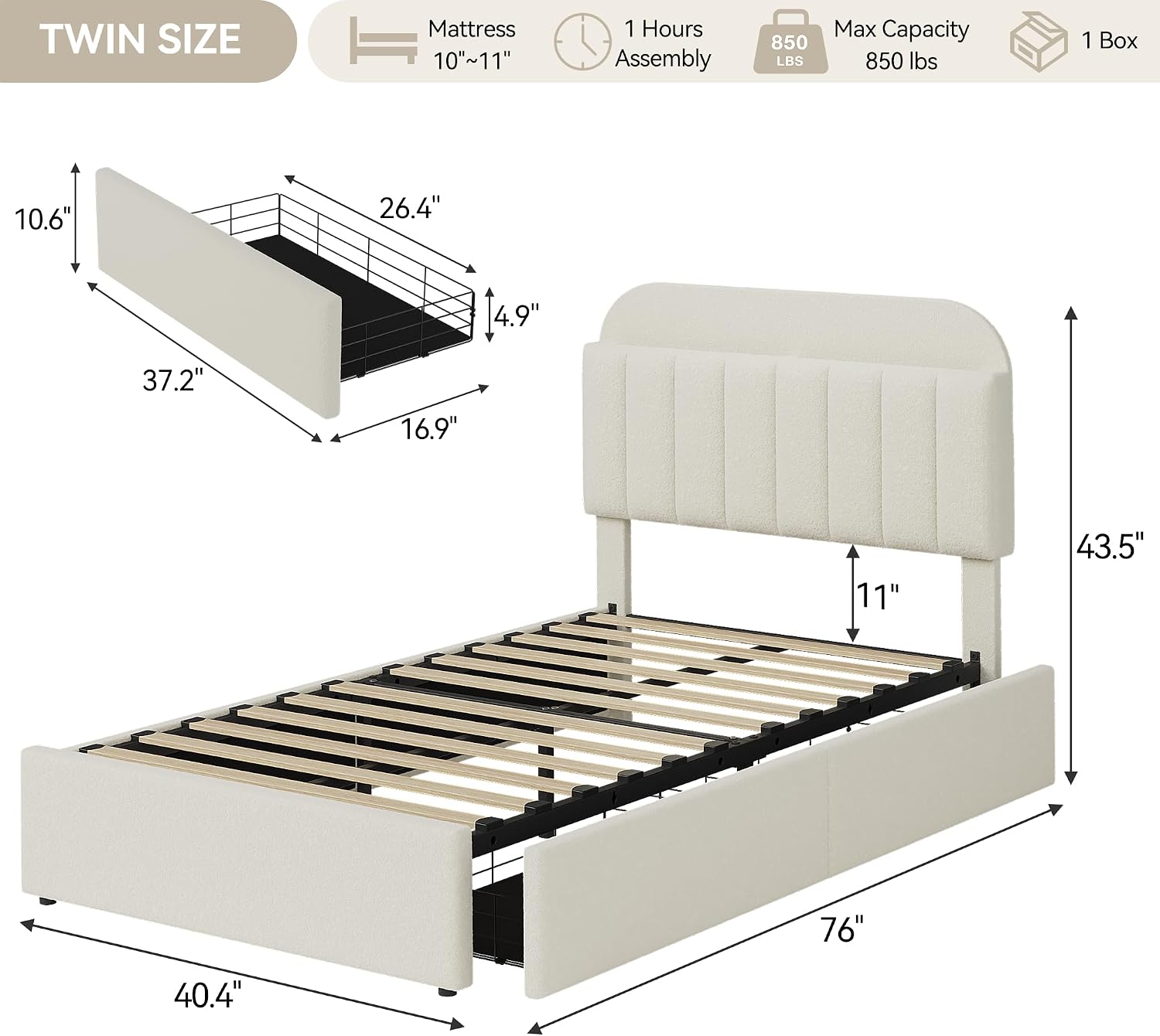 Ivory White Boucle Kids Twin Platform Bed Frame