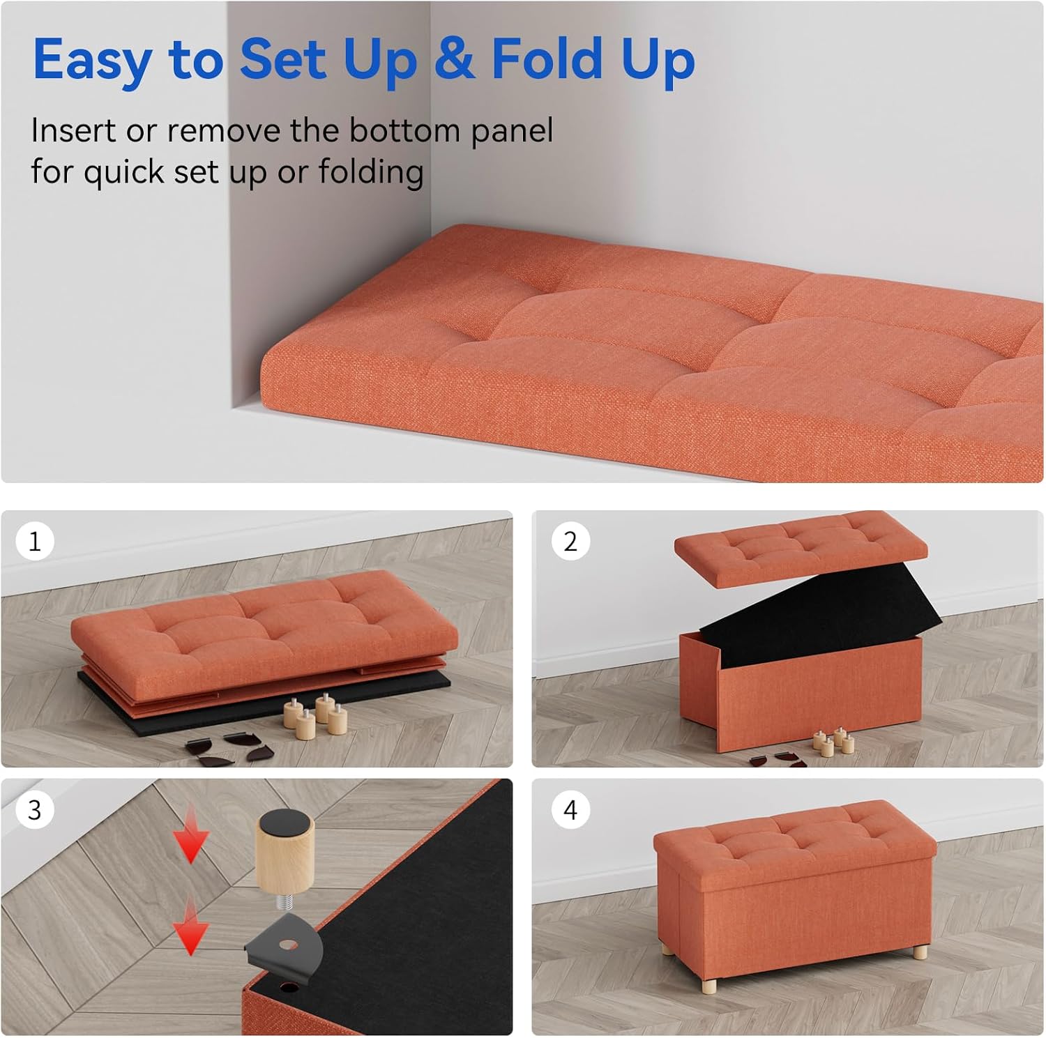 Orange Storage Ottoman Bench with Legs