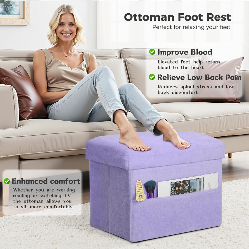 Purple Furry Folding Storage Ottoman Bench