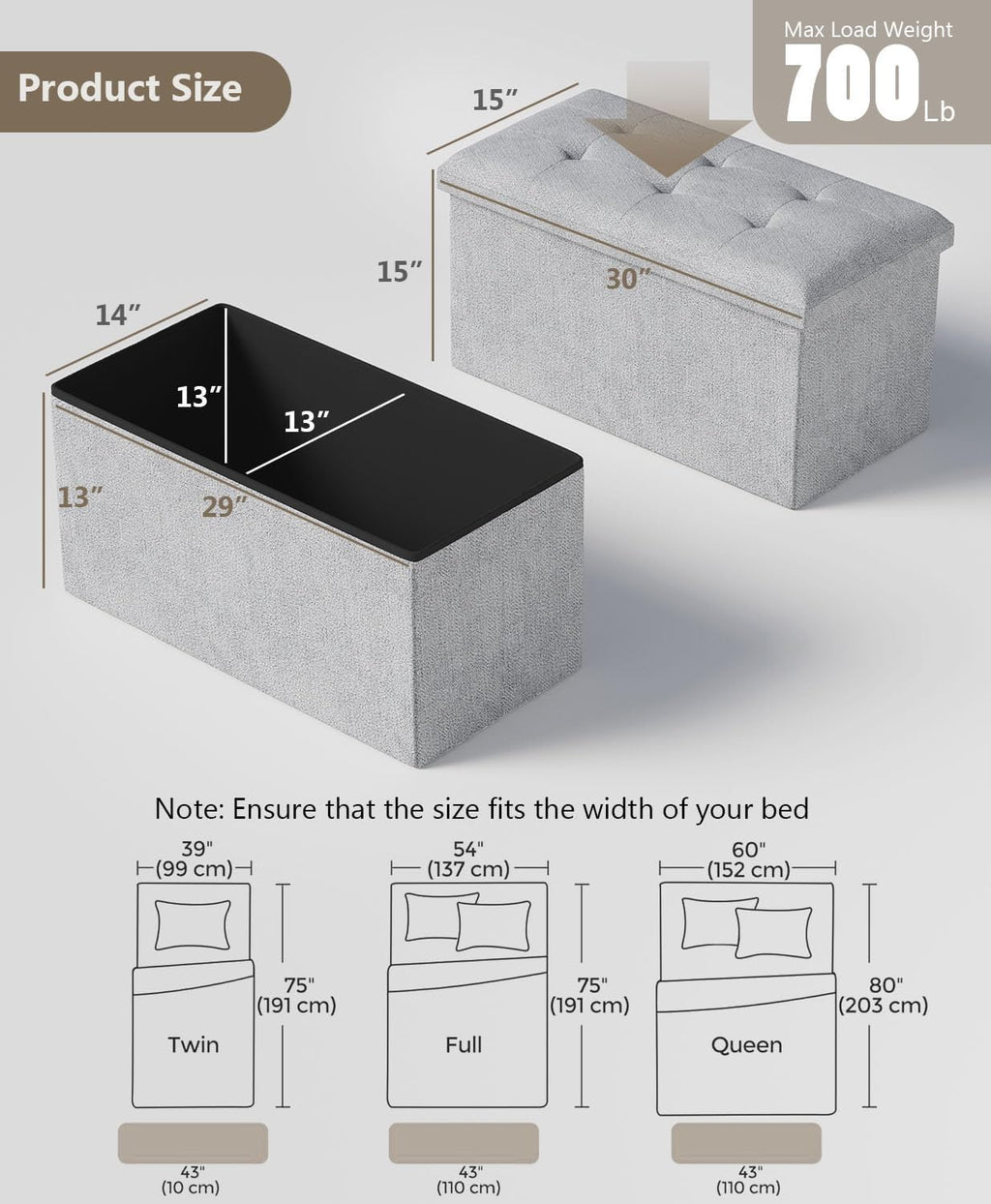 Dark Gray Folding Storage Ottoman Bench