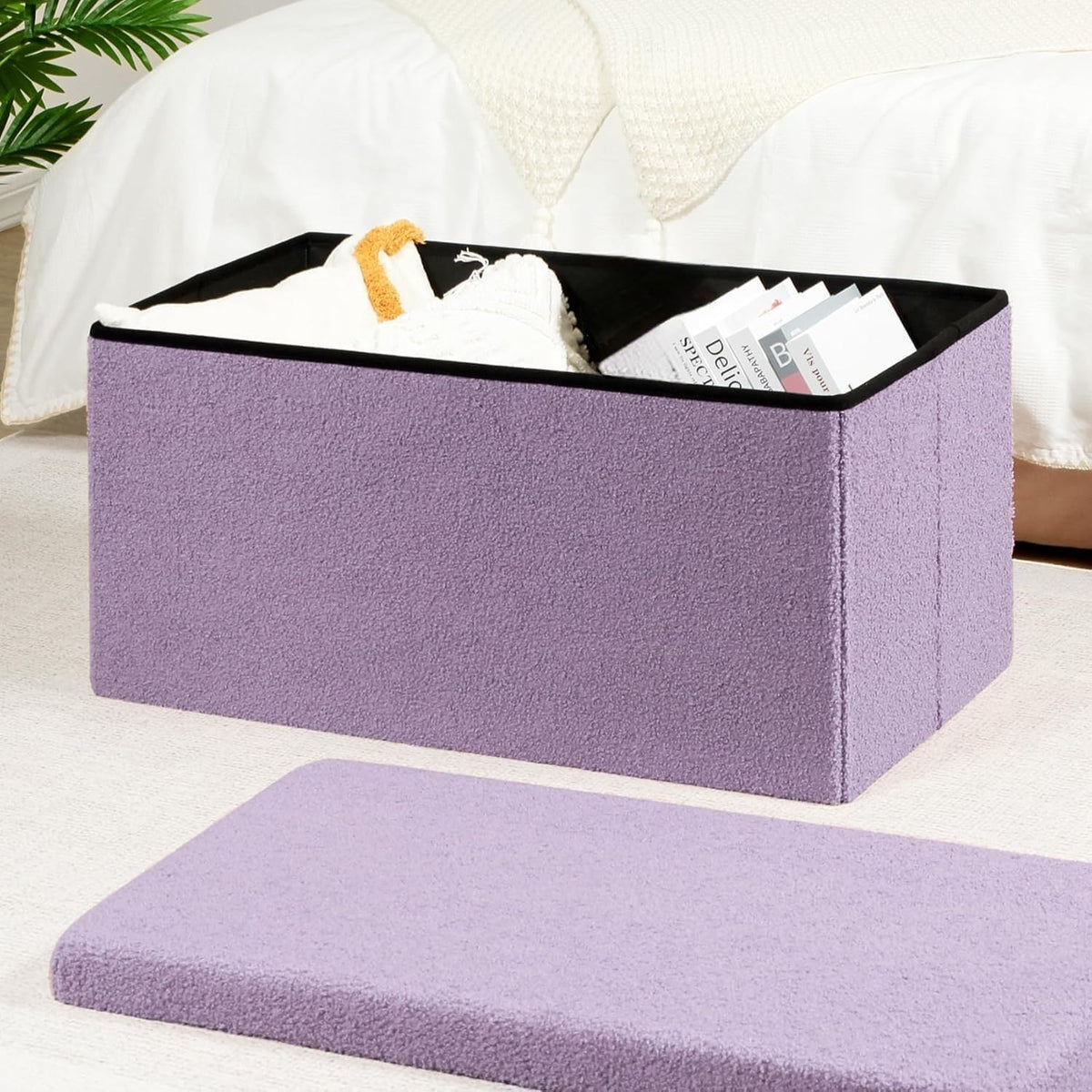 Purple Sherpa Folding Storage Ottoman Bench