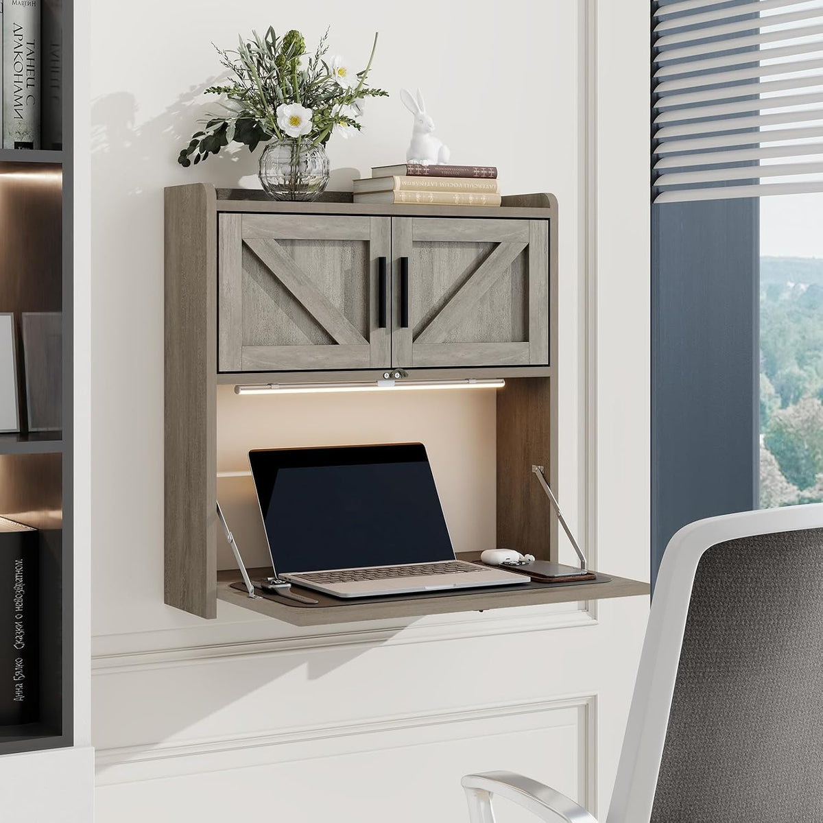 Gray Wall‑Mounted Folding Desk with Light & Storage