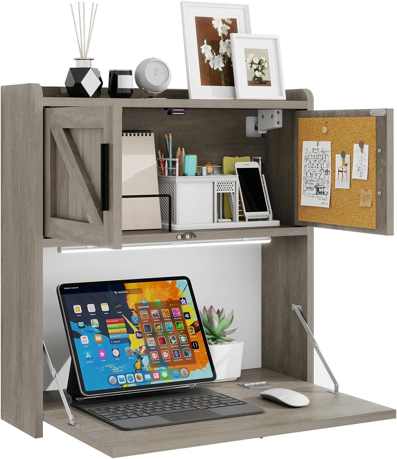 Gray Wall‑Mounted Folding Desk with Light & Storage