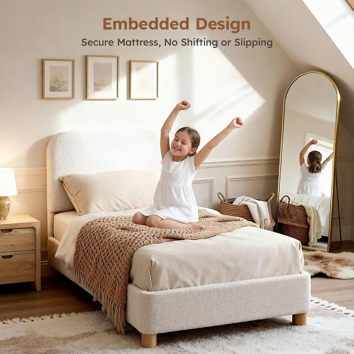 Cream Boucle Kids Twin Cloud Platform Bed Frame