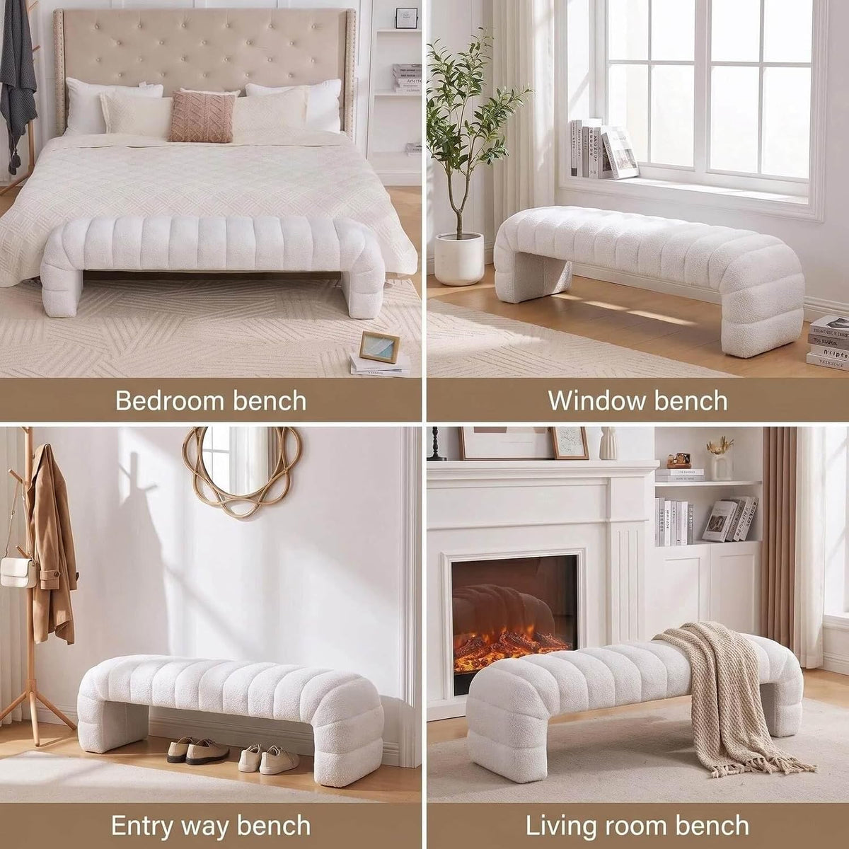 Ivory Chenille Arched Channel Tufted Bench