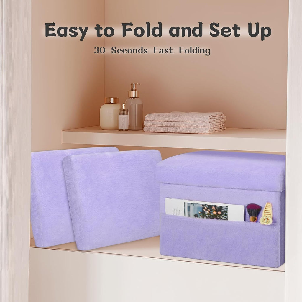 Purple Furry Folding Storage Ottoman Bench