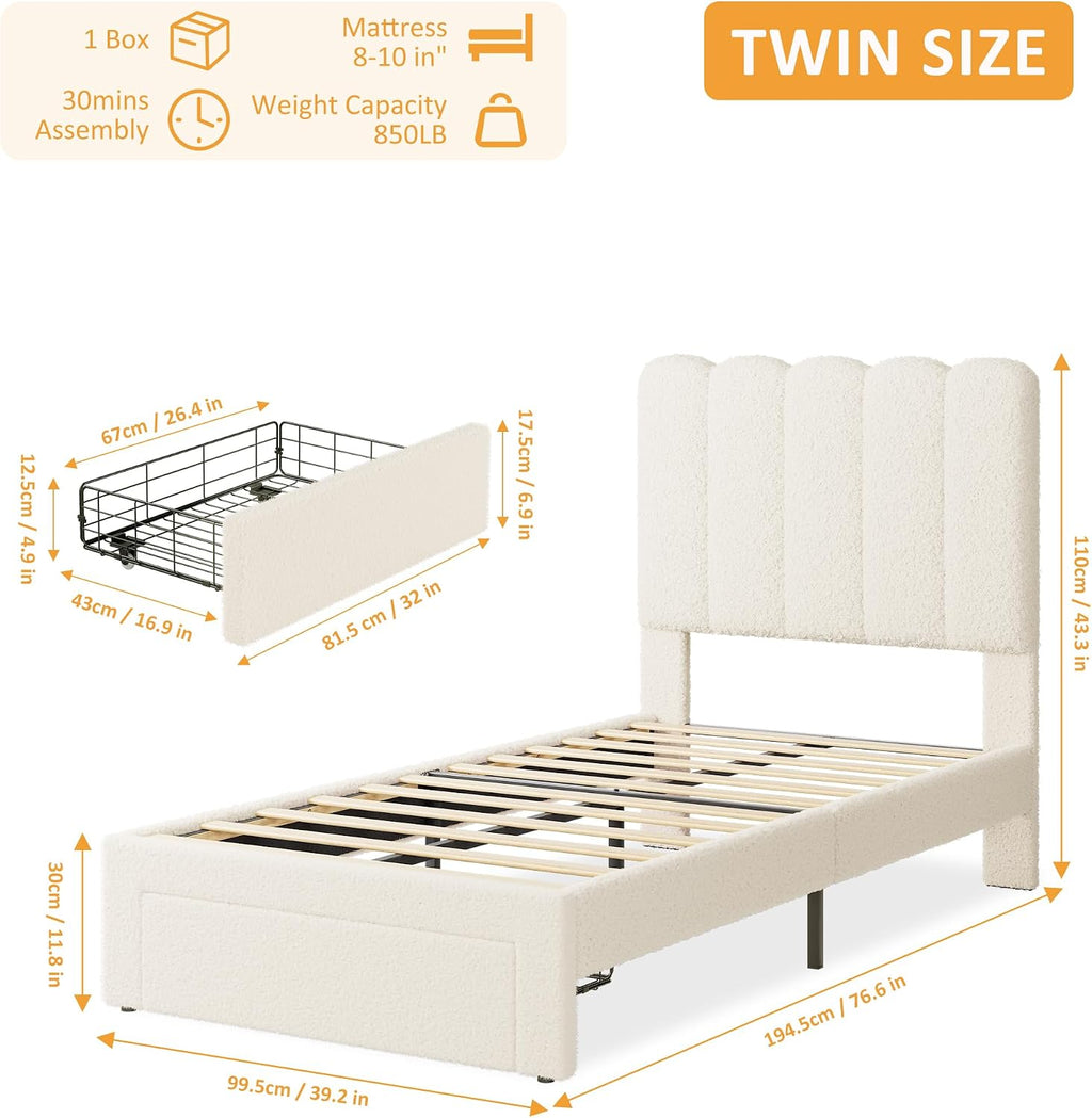 Beige Boucle Kids Twin Platform Bed Frame