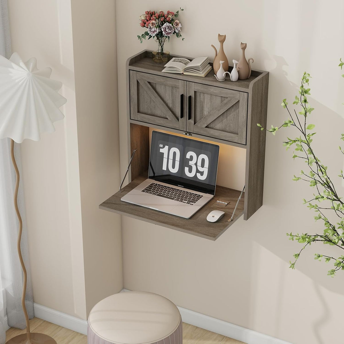 Gray Wall‑Mounted Folding Desk with Light & Storage