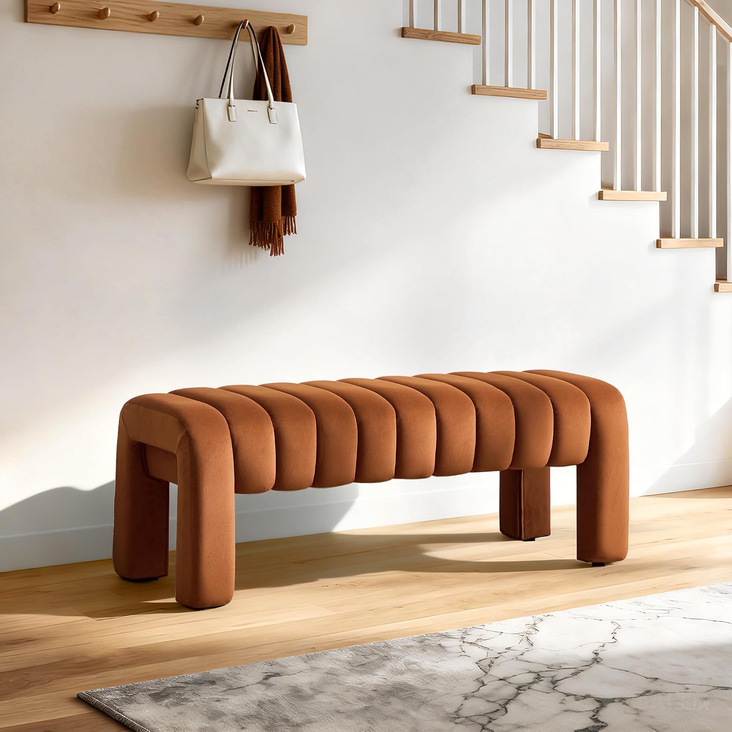 Brown Velvet Upholstered Bench with Solid Wood Legs