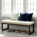 Cream Linen Channel Tufted Ottoman Bench with Walnut Legs