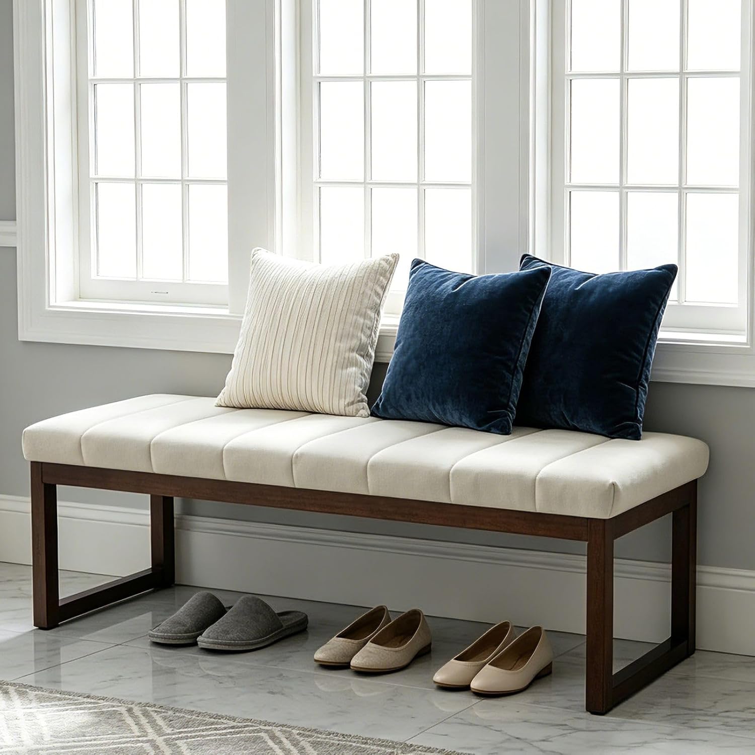 Cream Linen Channel Tufted Ottoman Bench with Walnut Legs