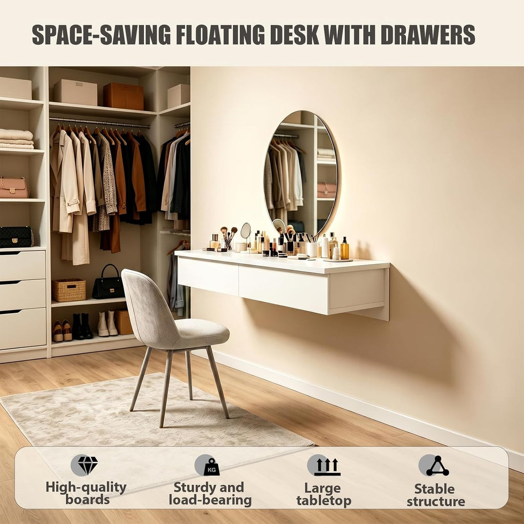 Wood Floating Wall‑Mounted Vanity Desk with Drawers