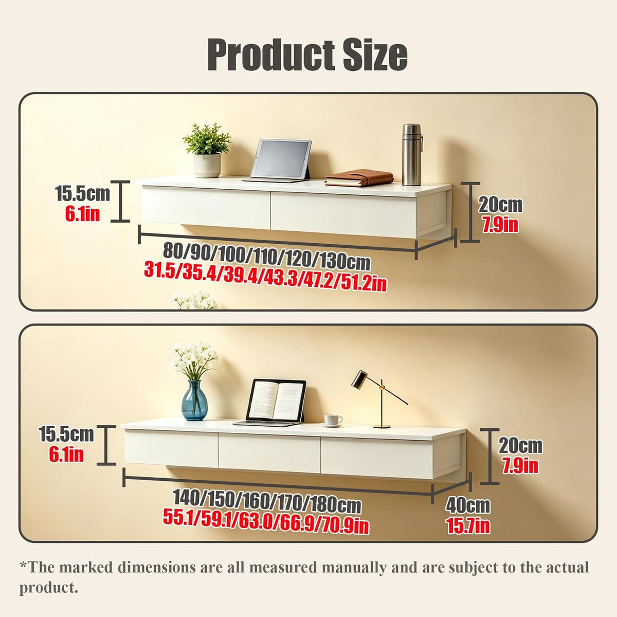 Wood Floating Wall‑Mounted Vanity Desk with Drawers