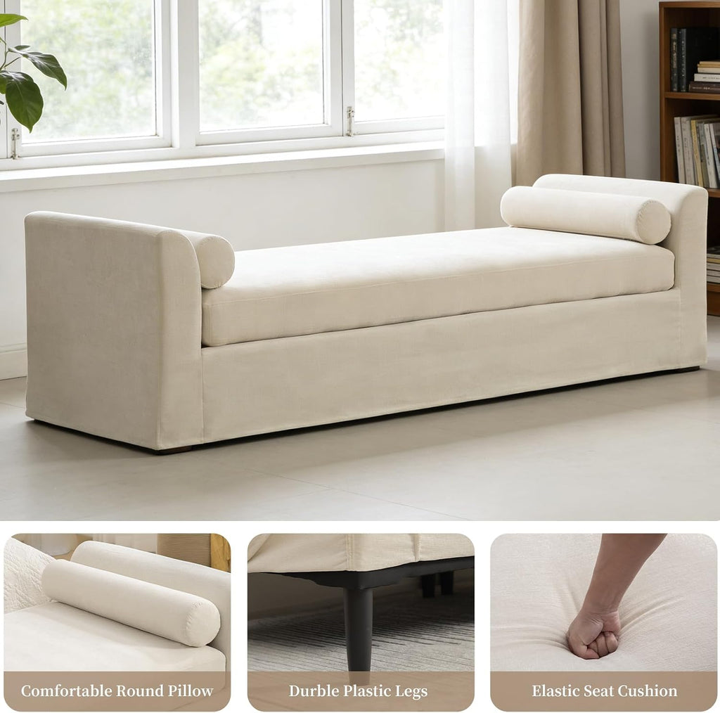 Beige Oversized Upholstered Chaise Lounge Bench
