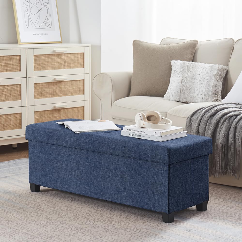 Navy Blue Large Storage Ottoman Bench with Legs