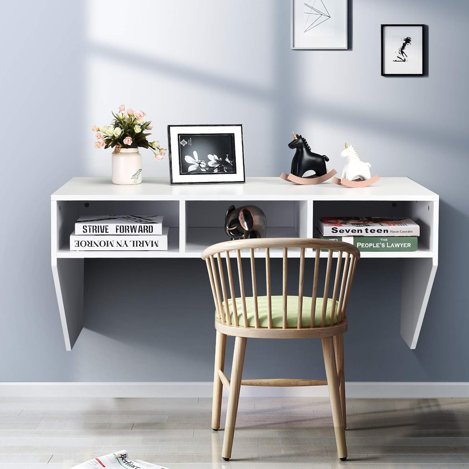 White Floating Computer Desk with Storage Shelves