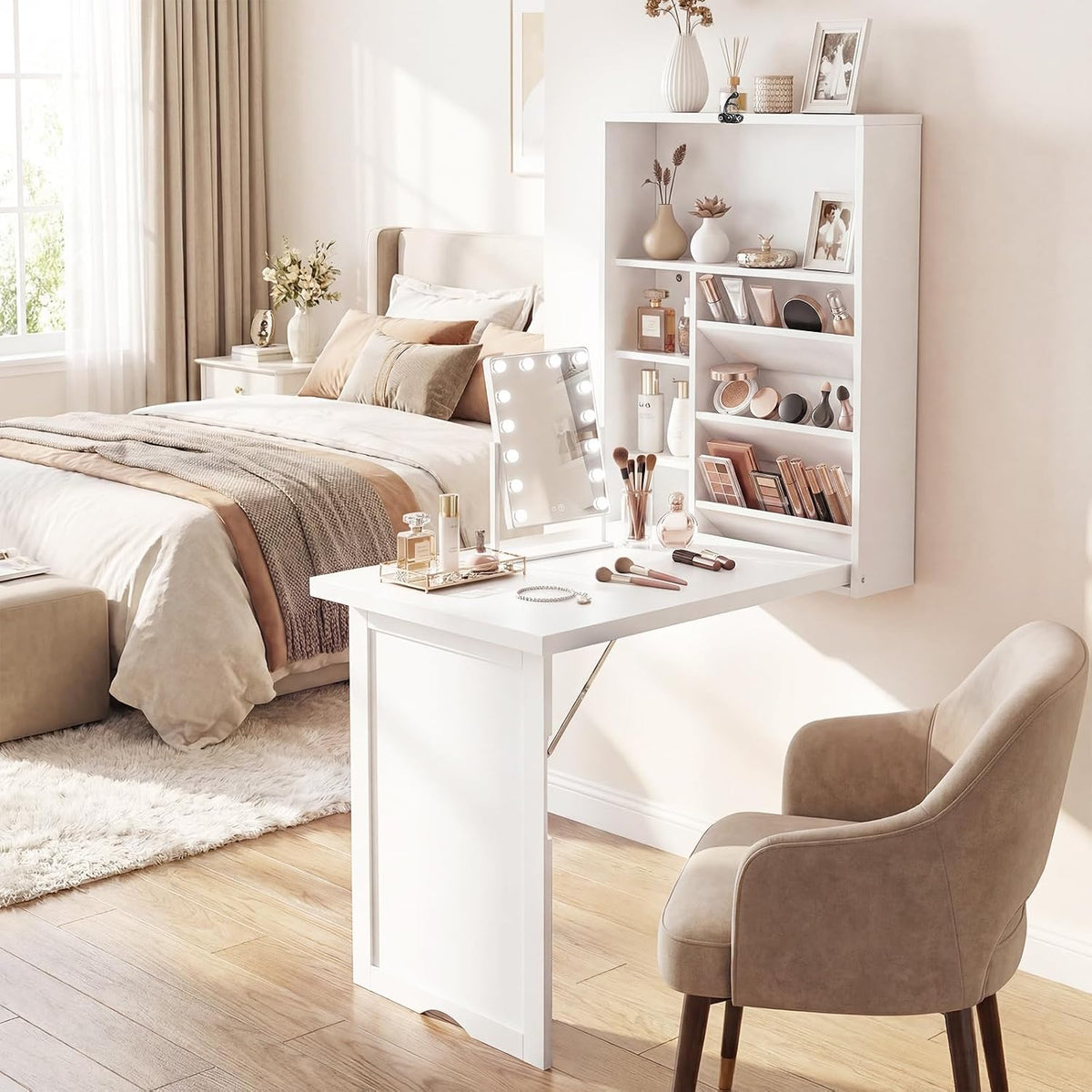 White Murphy Wall‑Mounted Folding Desk with Storage